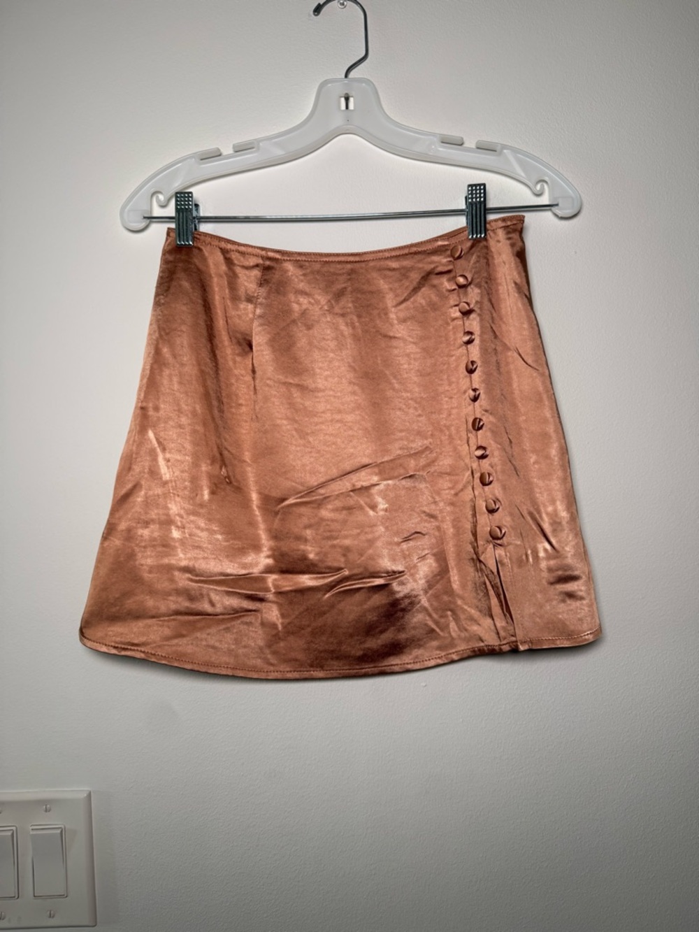 Satin Button-Trim Mini Skort in Copper Blush